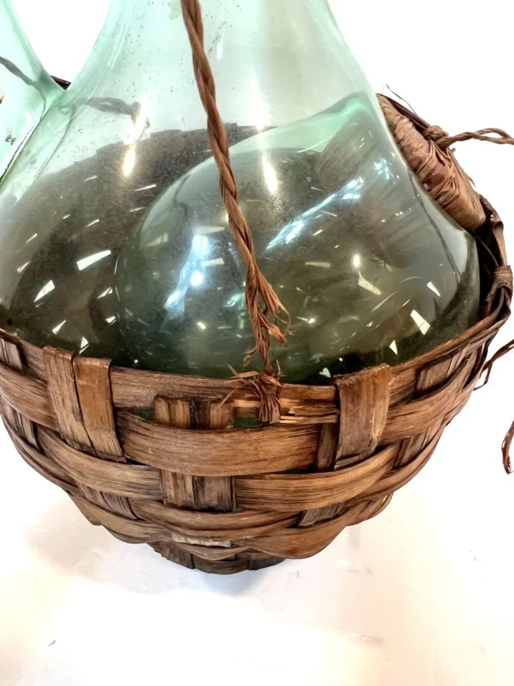 Vintage Green Glass Italian Decanter Woven Basket Mid Century Modern Barware